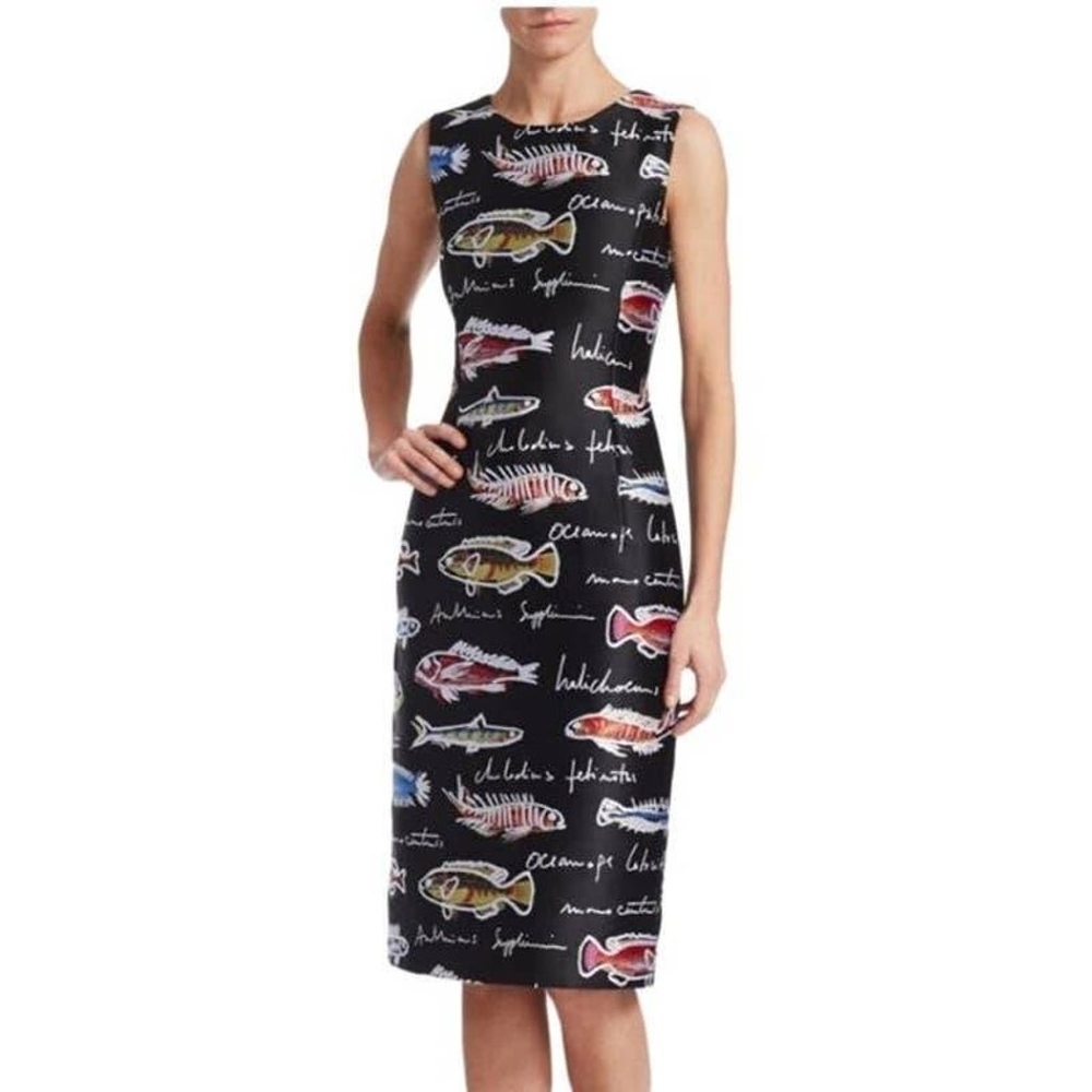$2,390 NEW OSCAR DE LA RENTA BLACK MULTI FISH ART DRESS US 4 S